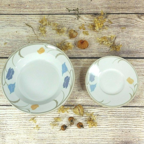 Dansk 3 Soup Bowls and 3 Flasks Tivoli Belles Fleurs Floral Blue Peach Flowers - Picture 4 of 6